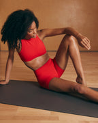 SoftMotion™ High Neck Sports Bra with White Logo | Light Toasted Red