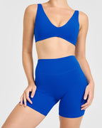 SoftMotion™ High Waisted Shorts 6" with White Logo | Light Cobalt Blue