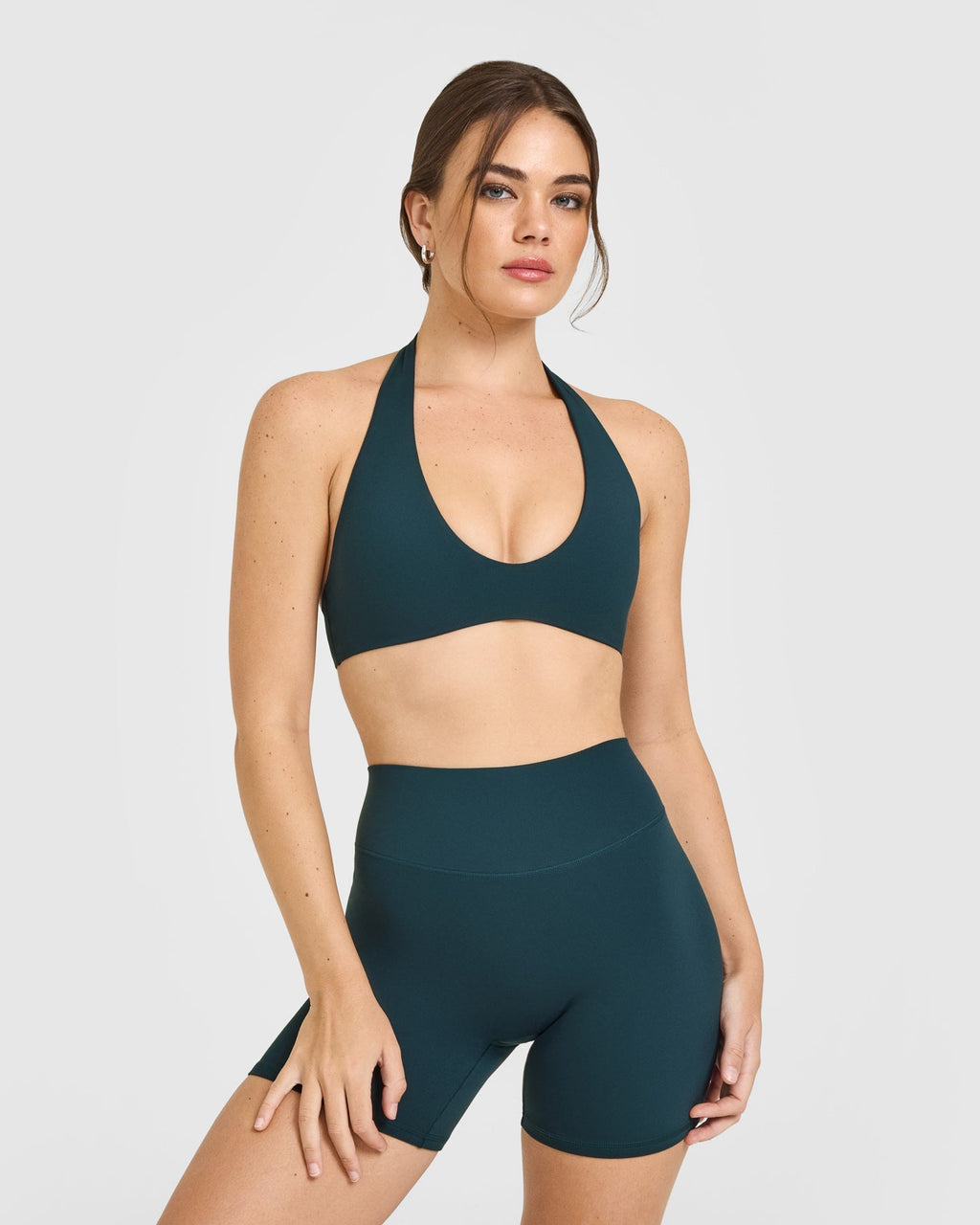 SoftMotion™ Minimal Halter Neck Bralette with White Logo | Oil Blue