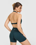 SoftMotion™ Minimal Halter Neck Bralette with White Logo | Oil Blue